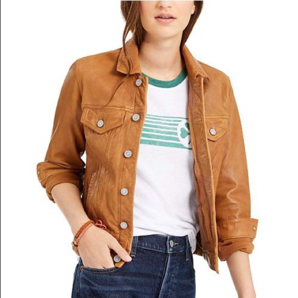 Lucky Brand Genuine Leather Trucker Jacket Tan